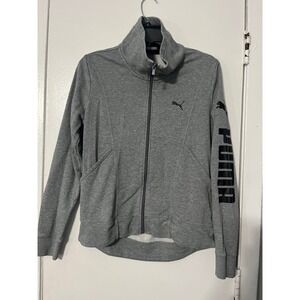 Puma Womens Full Zip Track Jacket Heather Gray Funnel Neck Sleeve Logo Size M